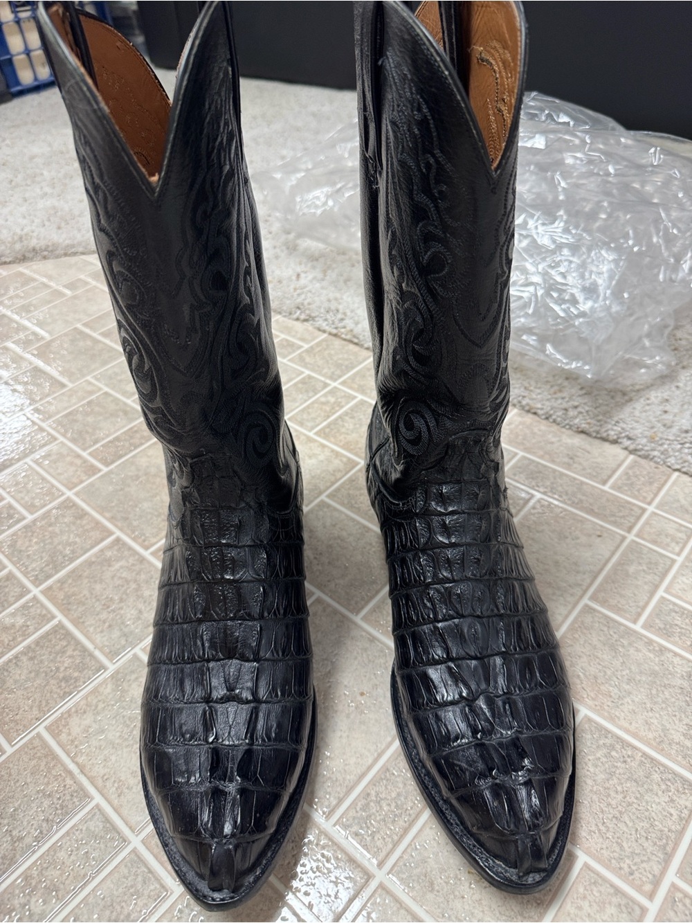 Lucchese Black Crocodile-Pattern Cowboy Boots Size 11